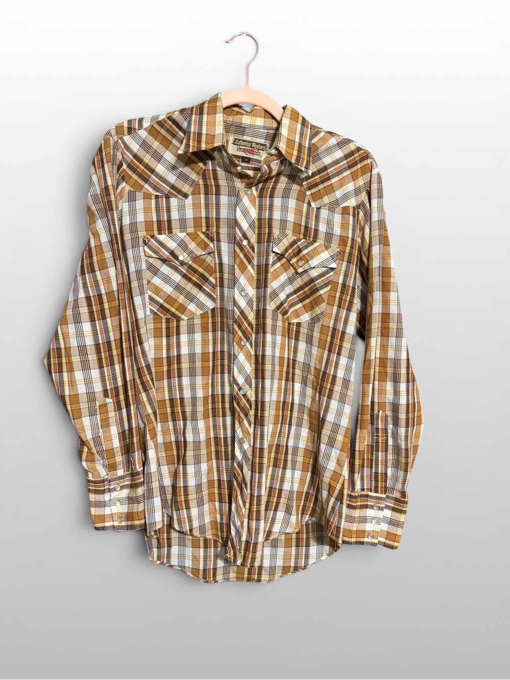 Vintage Youngbloods Pearl Snap Western Shirt Plaid Brown Tan Medium Cowboy